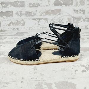 New Eileen Fisher Black Leather Lace Up Espadrilles C146